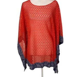 John Mark Women’s Medium Red Open Crochet Knit Blue Bandana Print Trim Cover-up